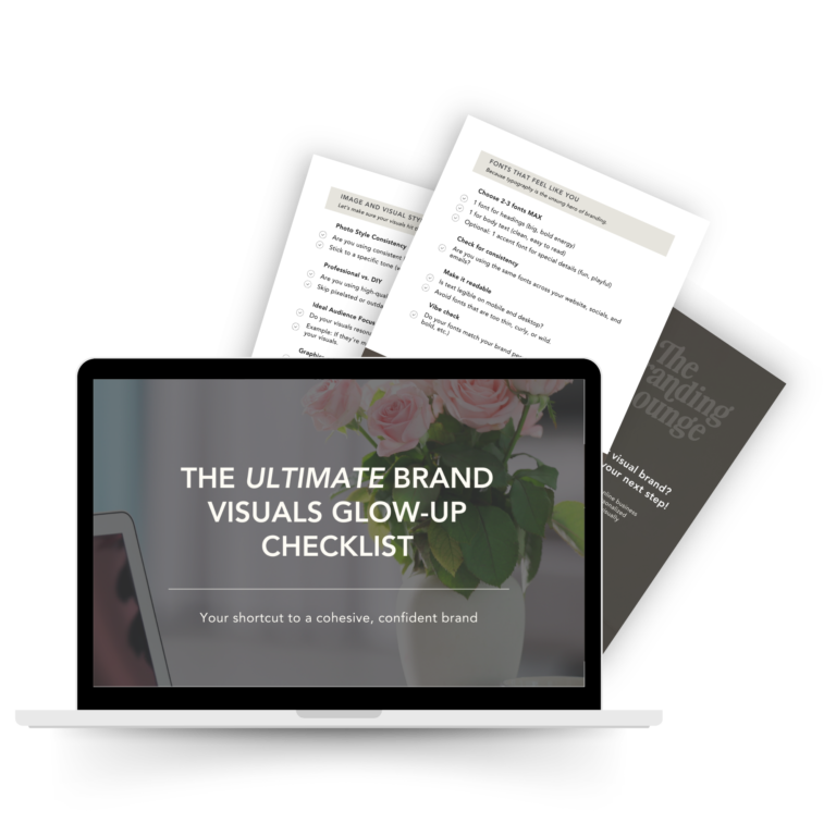 Laptop mockup with the words The Ultimate Brand Visuals Glow Up Checklist and cover plus 3 inside pages